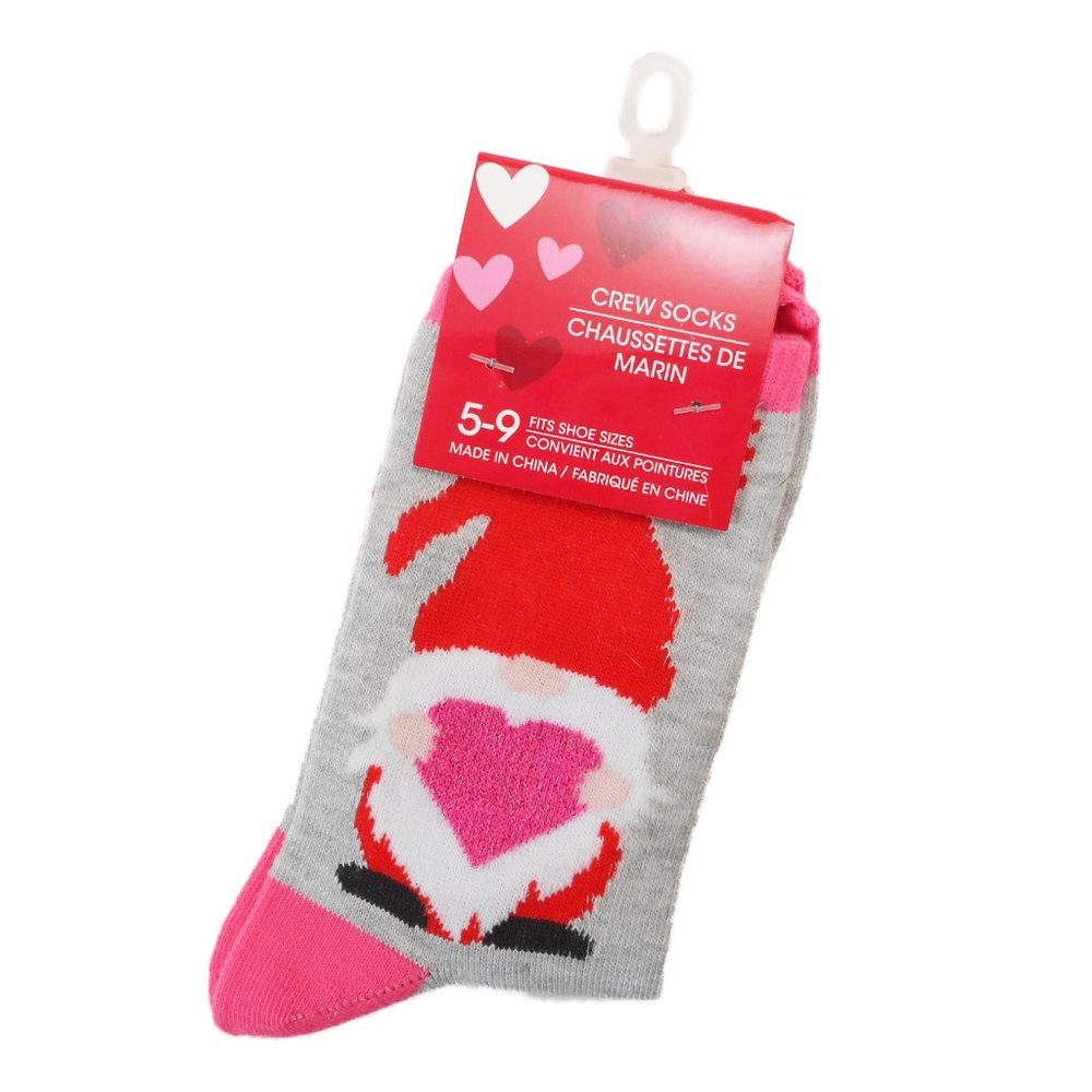 Women's Crew Socks Gnomes and Hearts Fits Shoe Size 5-9 Love Valentine